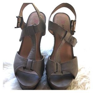 Grey and brown wedge strappy sandals (size 8)